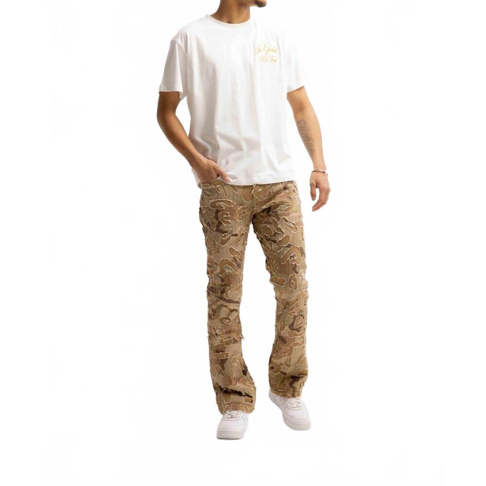 NEW AMICCI franco camo shredded denim flare jeans in sand